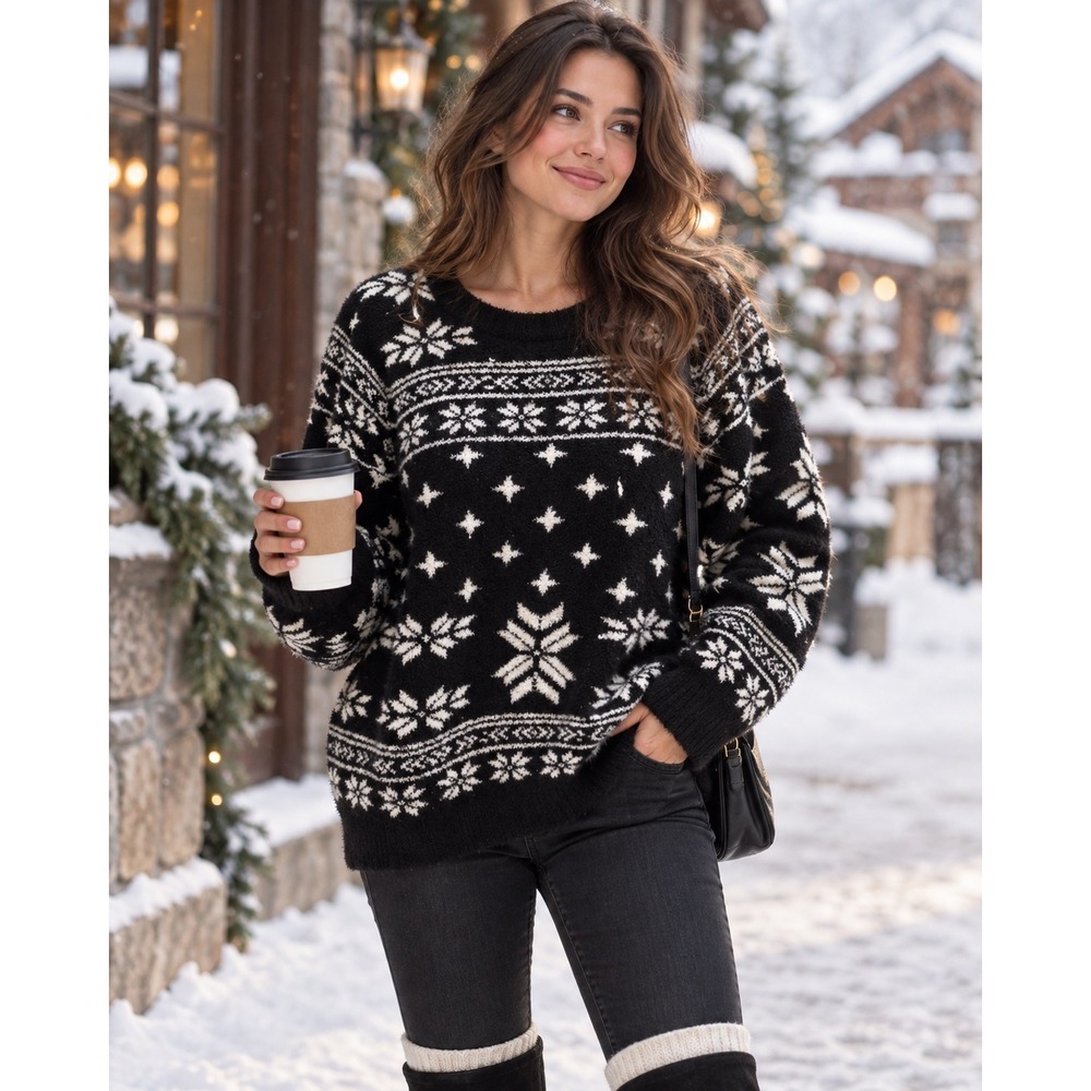 Barefoot Dreams CozyChic Seaside Crew Neck Pullover Black Fair Isle 1X NWT